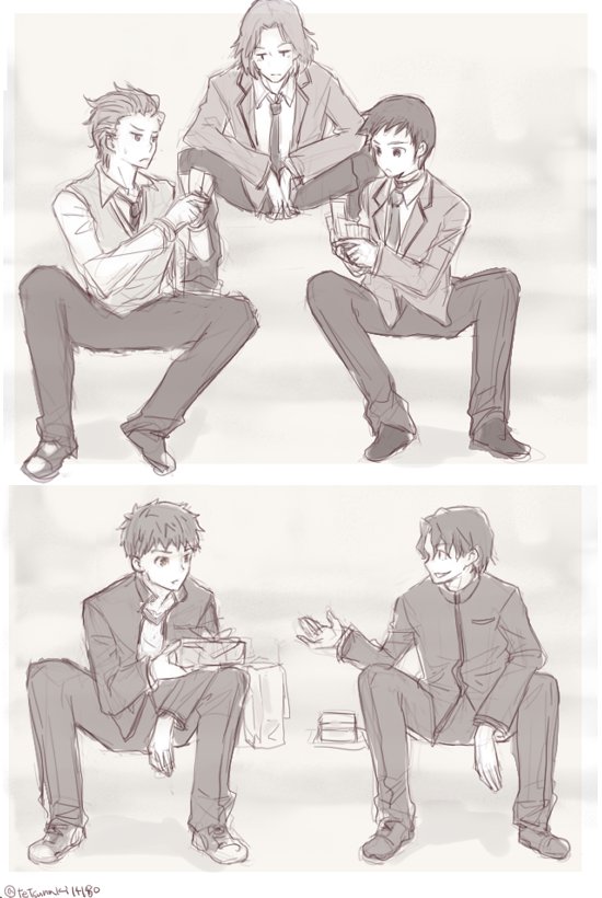 5boys blazer blue_hair eating emiya_shirou fate/stay_night fate_(series) gakuran homurabara_academy_school_uniform jacket kinomi_housuke mahou_tsukai_no_yoru male_focus matou_shinji monochrome multiple_boys school_uniform shizuki_soujuurou short_hair sitting tetsumaki tsukiji_tobimaru wavy_hair