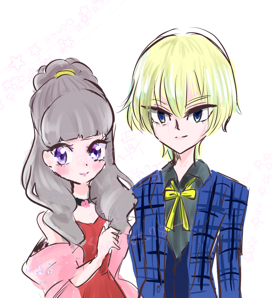 1boy 1girl amano_nene_(digimon_xros_wars) aonuma_kiriha blonde_hair blue_eyes blush digimon dress flower formal_clothes long_hair looking_at_viewer my_(pixiv587991) purple_eyes smile