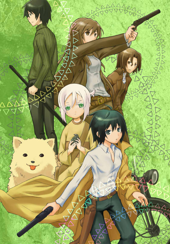 00s 1girl androgynous animal artist_request dog explosive female_focus grenade gun handgun hermes_(kino_no_tabi) holster kino_(kino_no_tabi) kino_no_tabi long_coat master_(kino_no_tabi) motor_vehicle motorcycle partner_(kino_no_tabi) revolver riku_(kino_no_tabi) shizu_(kino_no_tabi) short_hair solo sword tagme tea_(kino_no_tabi) weapon