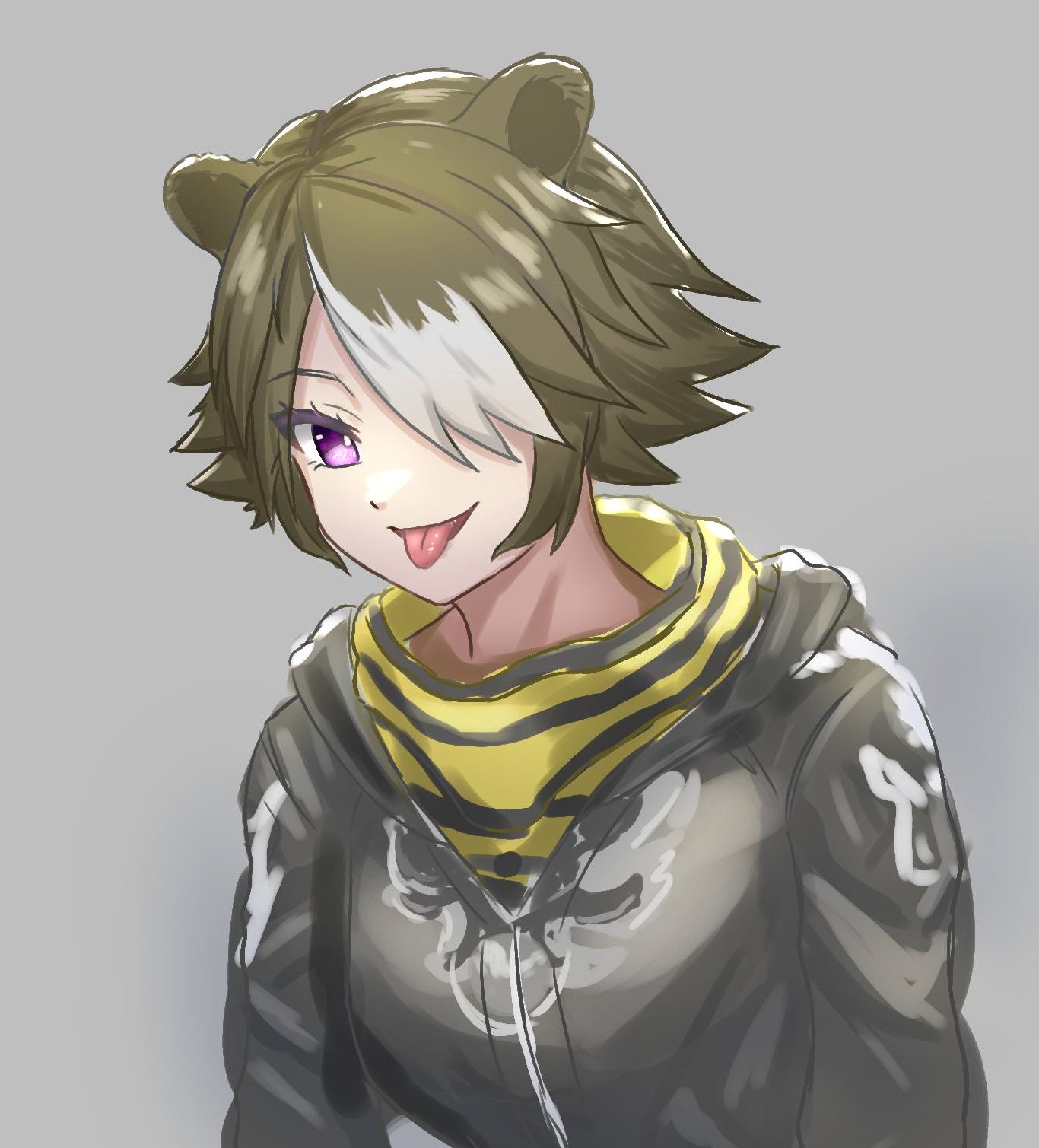 1girl animal_ears arknights bear_ears beehunter_(arknights) brown_hair chou_oji hair_over_one_eye highres jacket long_sleeves looking_at_viewer multicolored_hair open_mouth purple_eyes short_hair simple_background smile solo streaked_hair two-tone_hair white_hair