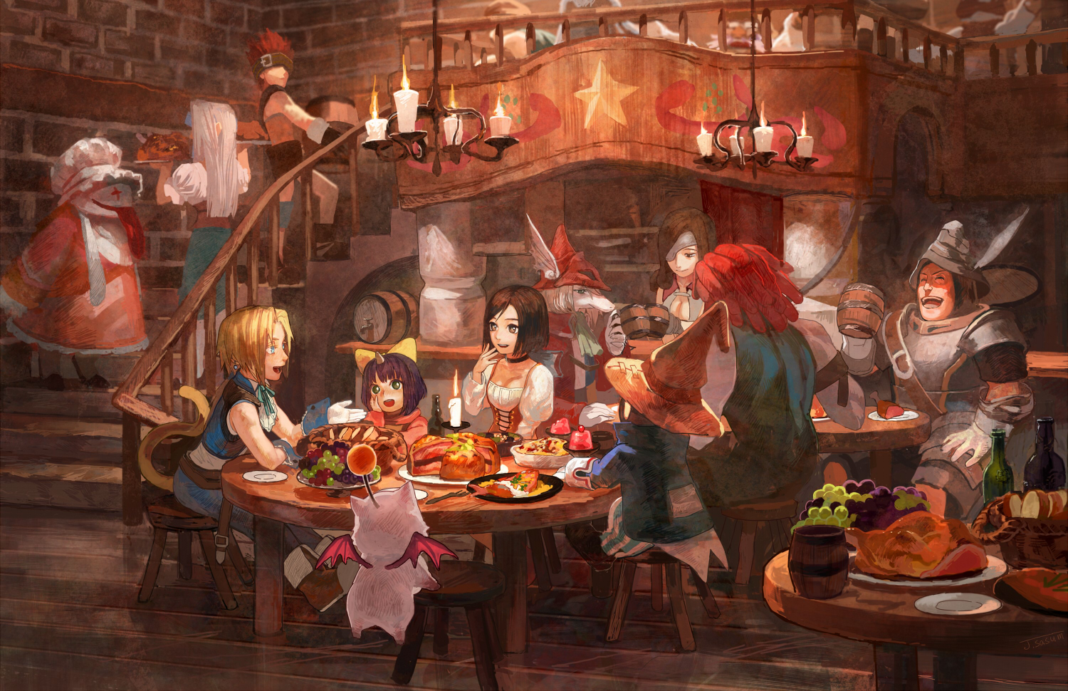 +_+ 00s 5boys 5girls adelbert_steiner armor ascot barrel basket beatrix blank_(ff9) blonde_hair blue_eyes bob_cut bottle bow bread breastplate brown_eyes brown_hair candle carrying chandelier chef_hat cleavage_cutout clothing_cutout cup earrings eiko_carol everyone eyepatch feathers final_fantasy final_fantasy_ix flying food fork freija_crescent fruit garnet_til_alexandros_xvii glass gloves grapes hair_bow hand_on_own_face happy hat helmet horns indoors jewelry laughing long_hair looking_at_another meat mog moogle mug multiple_boys multiple_girls neck_ribbon plate purple_hair quina_quen red_hair restaurant ribbon ruby_(ff9) salamander_coral sasumata_jirou short_hair single_horn sitting slice_of_life smile square_enix stairs star_(symbol) stool striped_legwear table tail tongue tongue_out turkey_(food) vivi_ornitier walking white_hair wine_bottle witch_hat zidane_tribal