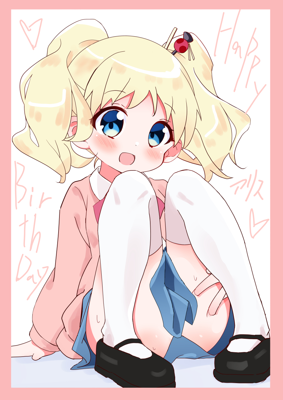 1girl alice_cartelet birthday blonde_hair blue_eyes blue_skirt blush border convenient_censoring dot_nose english_text female_focus full_body hair_ornament happy_birthday heart highres kin-iro_mosaic long_sleeves looking_at_viewer open_mouth school_uniform shoes sitting skirt solo sweat thighhighs white_thighhighs yakinikuyayusi
