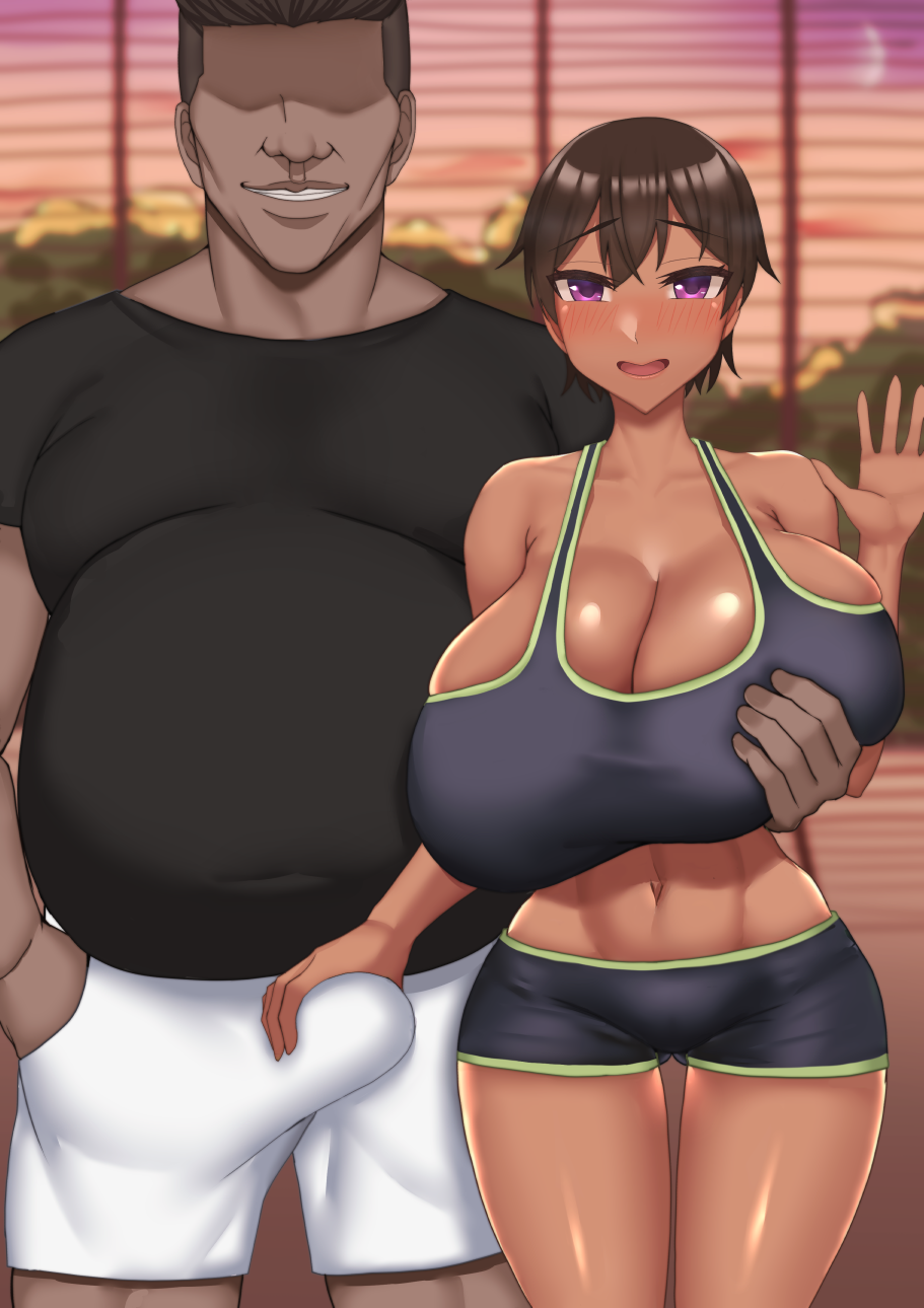 1boy 1girl breasts dark_skin doraiasu_issei erection fat fat_man highres huge_breasts netorare over-the-shoulder short_hair smile