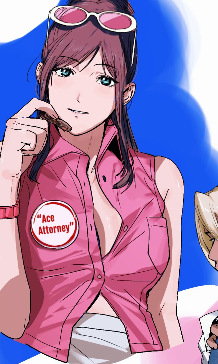 1boy 1girl ace_attorney alternate_costume amikoiiko apollo_justice:_ace_attorney badge blonde_hair blue_background blue_eyes breast_pocket brown_hair button_badge copyright_name cropped cropped_arm dark-skinned_male dark_skin denim dress_shirt ema_skye eyewear_on_head fingernails food half_updo hand_on_own_knee highres holding holding_food initial jeans karintou klavier_gavin light_smile long_hair long_sleeves looking_at_viewer middle_ring mismatched_eyebrows pants partially_unbuttoned pink_background pink_shirt pocket shirt simple_background skirt sleeveless sleeveless_shirt sternocleidomastoid_muscle sunglasses three-toned_background tinted_eyewear watch white_background white_shirt white_skirt wristwatch
