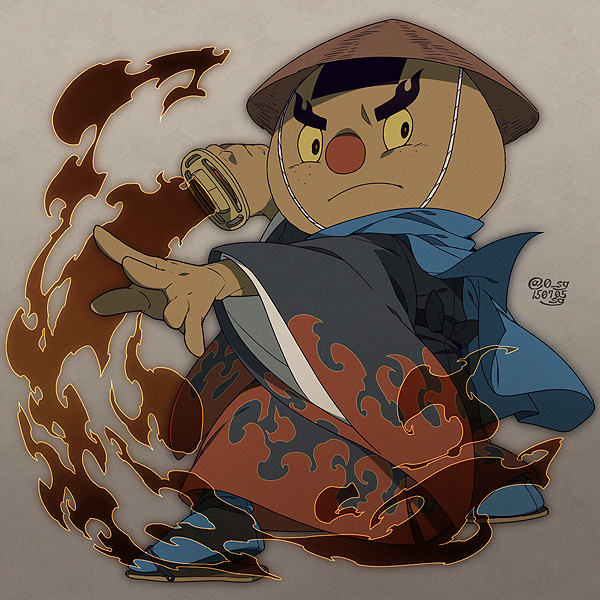 10s ajirogasa artist_name chin_strap colored_sclera dated fire frown full_body gradient_background hat sandals sg_(suuchan) solo sword traditional_youkai twitter_username weapon yakionigiri yellow_sclera youkai_watch