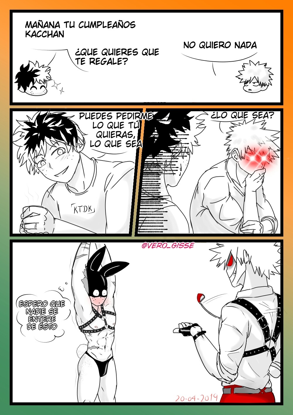 4koma armpits ass_freckles bakudeku bakugou_katsuki bare_legs birthday birthday_present blush body_freckles boku_no_hero_academia bones_(company) comic curly_hair evil_eyes evil_grin evil_smile freckles gift grin legs mask masochism messy_hair midoriya_izuku muscular pectorals rabbit_mask rabbit_tail sado_masochism scar scar_on_arm scar_on_bodyabs shounen_jump smile spanish_text spiked_hair thong vero_gisse whip yaoi