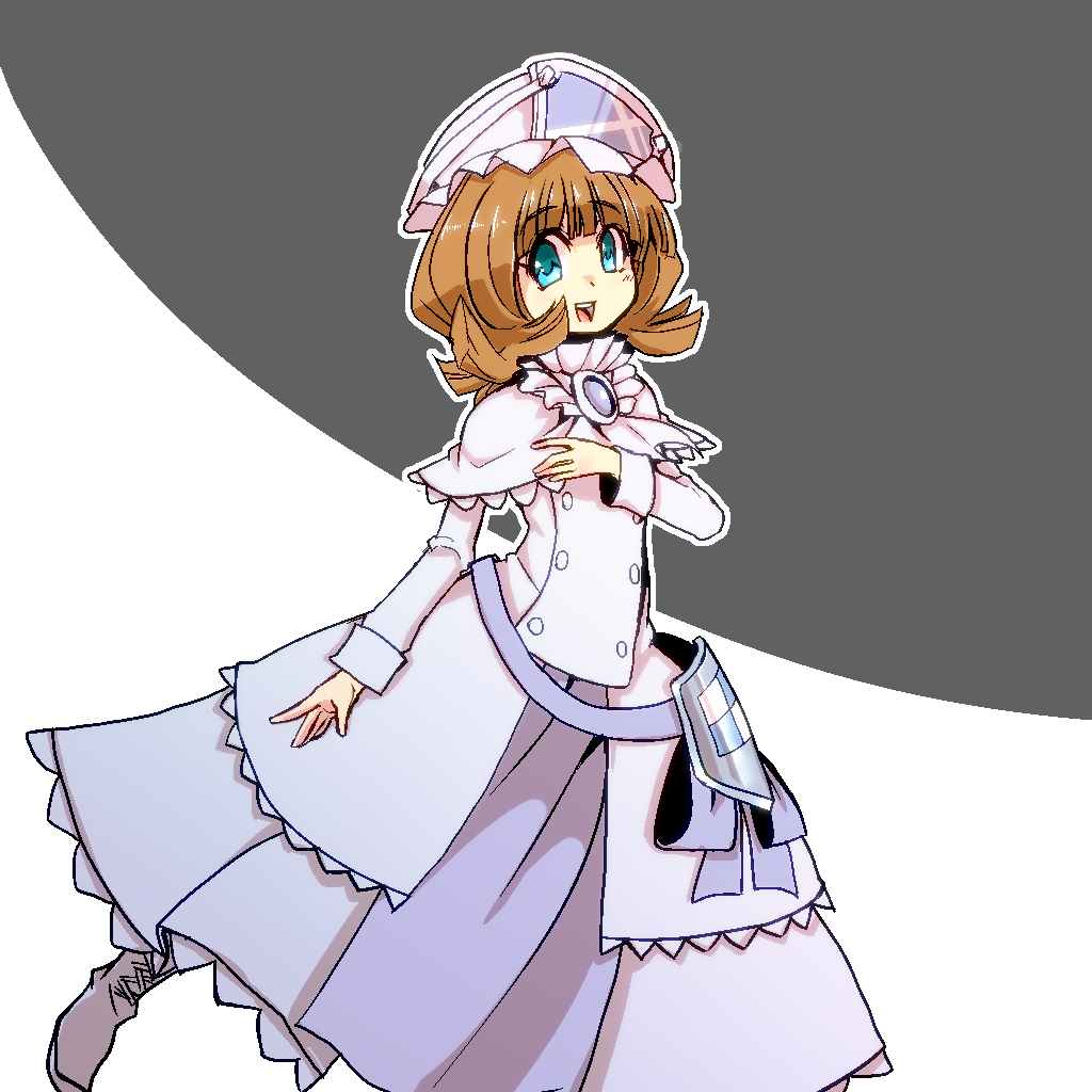 1girl amulet black_background blue_eyes brown_hair cosplay dress looking_at_viewer mahou_shoujo_madoka_magica mahou_shoujo_oriko_magica medium_hair mengnaidu mikuni_oriko mikuni_oriko_(cosplay) solo two-tone_background white_background white_dress yuuki_sasa
