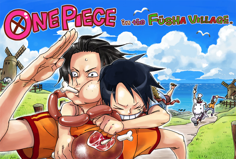 &gt;_&lt; 4boys bad_id bad_pixiv_id bird bone boned_meat brothers carrying chasing chef chef_hat cleaver cloud constricted_pupils copyright_name day closed_eyes fleeing food freckles futomaki grass grin hat hug male_focus meat monkey_d._luffy multiple_boys ocean one_piece perspective piggyback portgas_d._ace puffy_cheeks railing running sausage scar seagull siblings sky smile windmill woop_slap