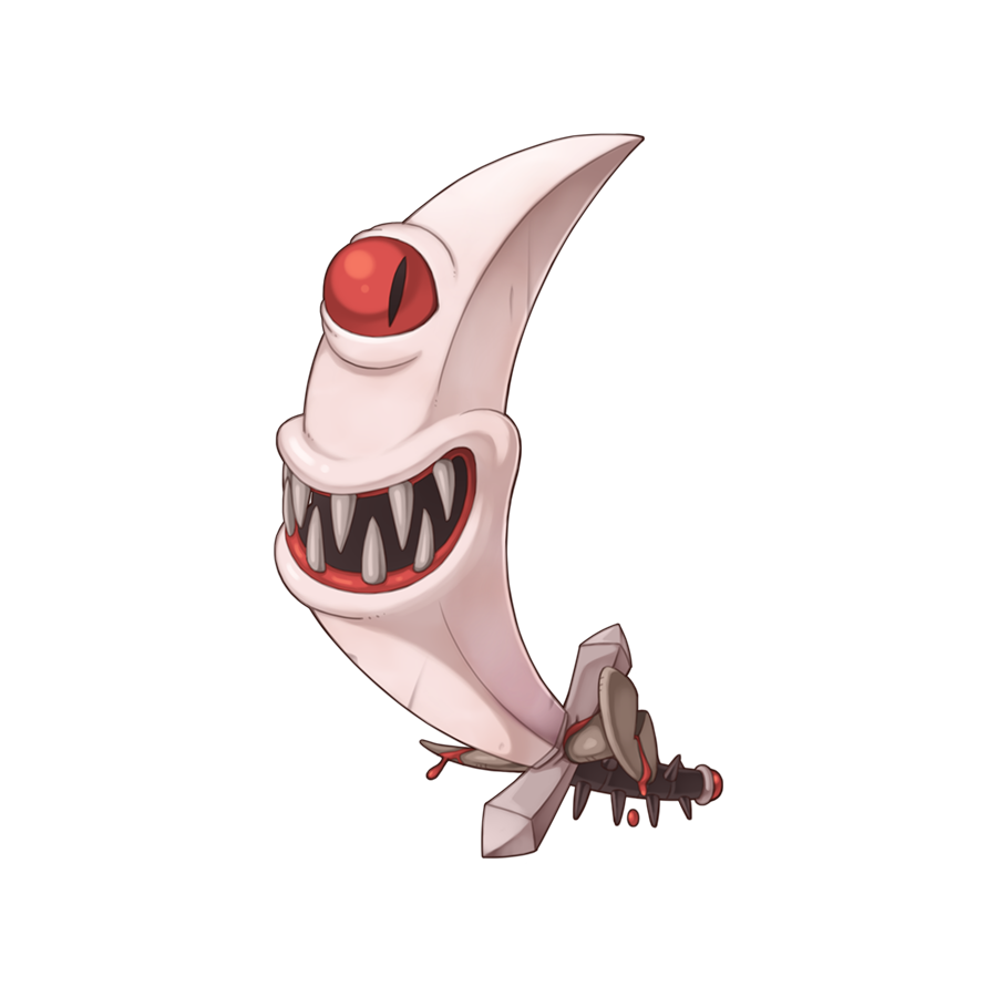 chibi chibi_only colored_sclera full_body living_weapon looking_at_viewer monster nail_(hardware) no_humans official_art ogretooth open_mouth ragnarok_online red_sclera sharp_teeth simple_background slit_pupils smile solo sword teeth transparent_background weapon yuichirou