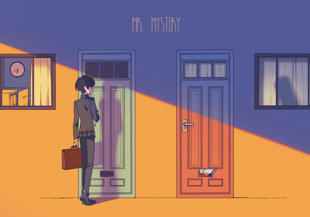 1boy 1other black_hair cabinet clock commentary_request curtains door file_cabinet giorno_giovanna haruno_shiobana holding holding_suitcase jojo_no_kimyou_na_bouken male_focus school_uniform sempon_(doppio_note) silhouette suitcase vento_aureo window