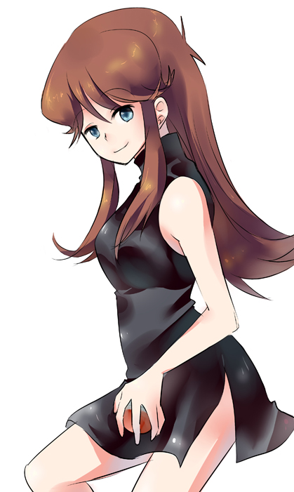 1girl armpits arms_at_sides bare_shoulders black_dress blue_eyes breasts brown_hair clenched_hand dress eyelashes female_focus from_side green_(pokemon) half-closed_eyes holding holding_poke_ball legs long_hair looking_at_viewer medium_breasts neck nintendo no_gloves poke_ball pokemon pokemon_adventures shiny_clothes shiny_skin short_dress side_slit sidelocks simple_background sleeveless sleeveless_dress sleeveless_turtleneck smile standing tachiuo_(arines) thighs turning_head turtleneck turtleneck_dress white_background