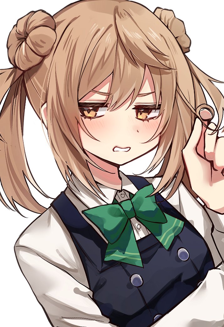 1girl bow bowtie breasts brown_eyes collared_shirt double_bun dress dress_shirt green_bow green_bowtie hair_bun kantai_collection light_brown_hair medium_breasts michishio_(kancolle) michishio_kai_ni_(kancolle) pinafore_dress playing_with_own_hair shirt sleeveless sleeveless_dress solo tsumikitsuki_(katsuobushi) twintails upper_body white_shirt