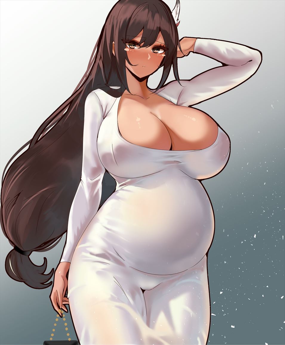 1girl arm_behind_head azur_lane breasts brown_hair cleavage collarbone dark_skin dongtan_dress dress feather_hair_ornament feathers hair_ornament huge_breasts long_hair long_sleeves low_ponytail meme_attire paundo2 ponytail pregnant see-through_clothes see-through_dress solo south_dakota_(azur_lane) white_dress