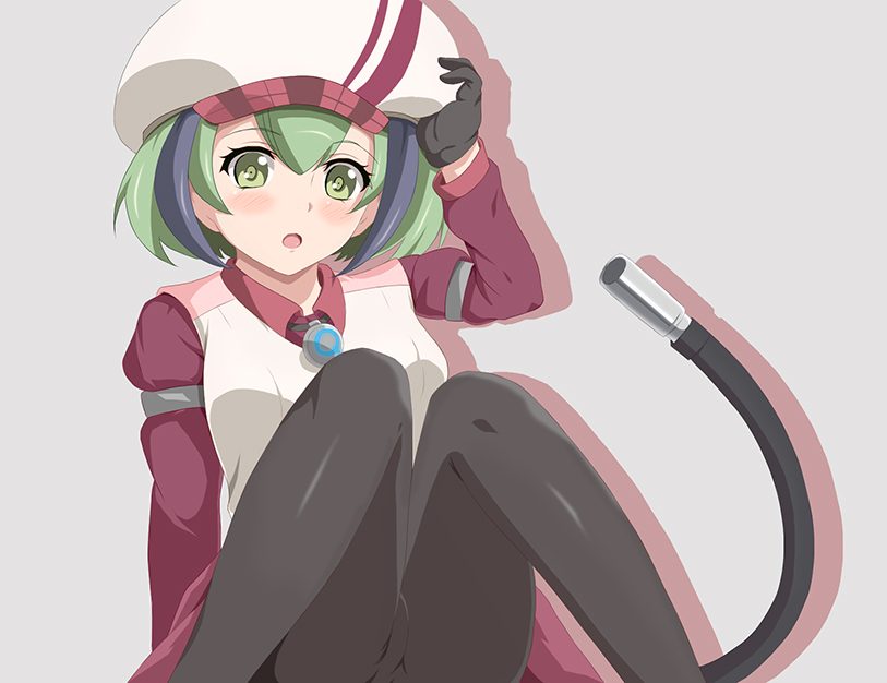 1girl android artist_request cable cable_tail dimension_w female_focus gloves green_eyes green_hair hat mechanical_tail multicolored_hair pantyhose short_hair solo tail two-tone_hair yurizaki_mira
