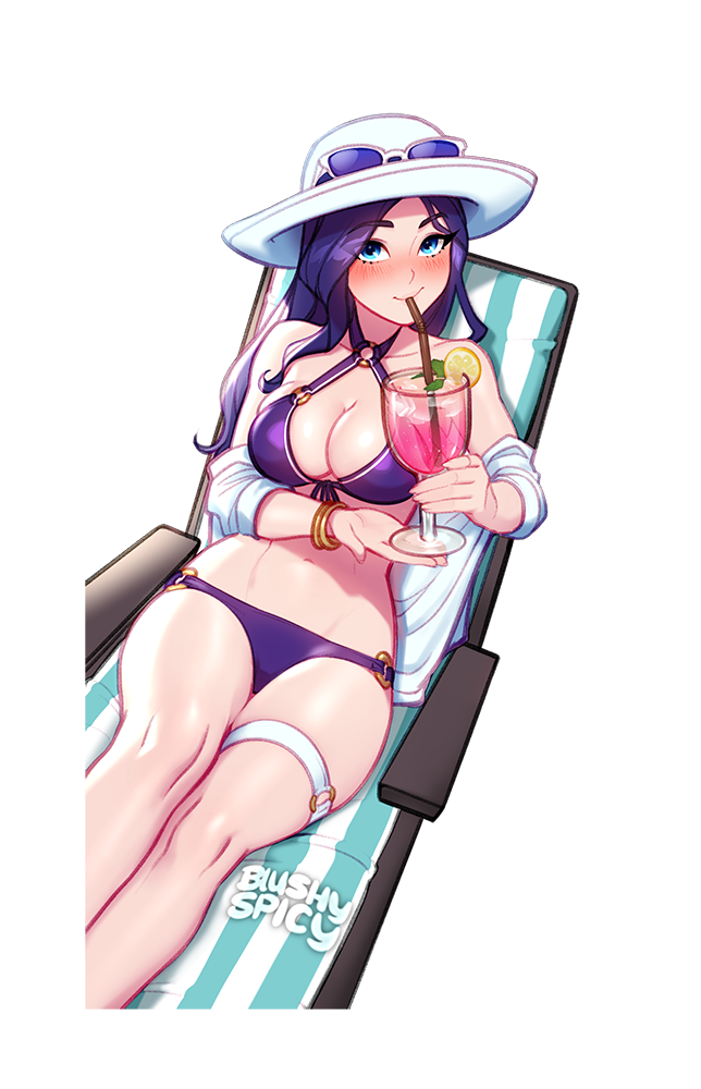 1girl bare_shoulders bikini black_hair blush blushyspicy bracelet breasts caitlyn_(league_of_legends) cleavage cup drinking_straw drinking_straw_in_mouth holding holding_cup jewelry large_breasts league_of_legends long_hair navel pool_party_caitlyn purple_bikini shiny_skin shirt sitting smile stomach sunglasses swimsuit thighlet white_headwear white_shirt