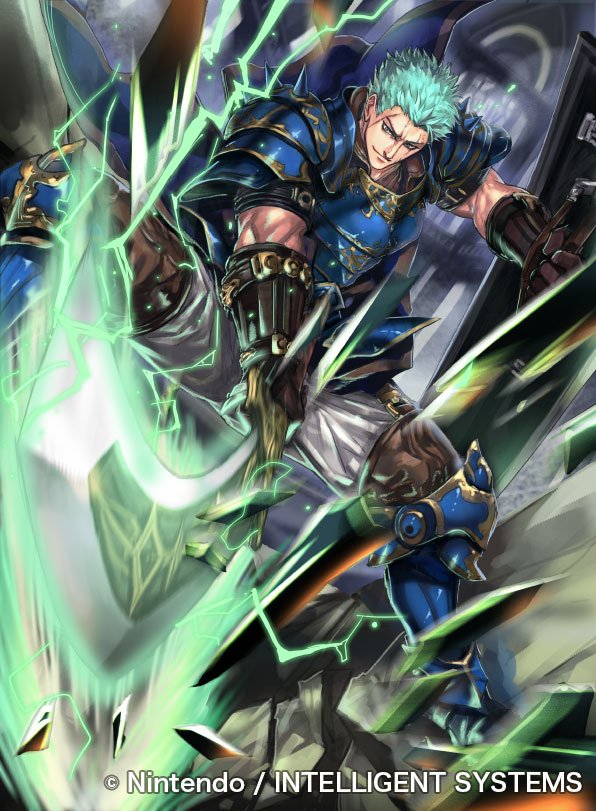 1boy armor armored_boots boots company_name copyright_name dieck_(fire_emblem) electricity electrified_sword electrified_weapon energy fire_emblem fire_emblem:_the_binding_blade fire_emblem_cipher gloves green_eyes green_hair kuroba_k male_focus matching_hair/eyes nintendo official_art rock scar shield solo sword weapon