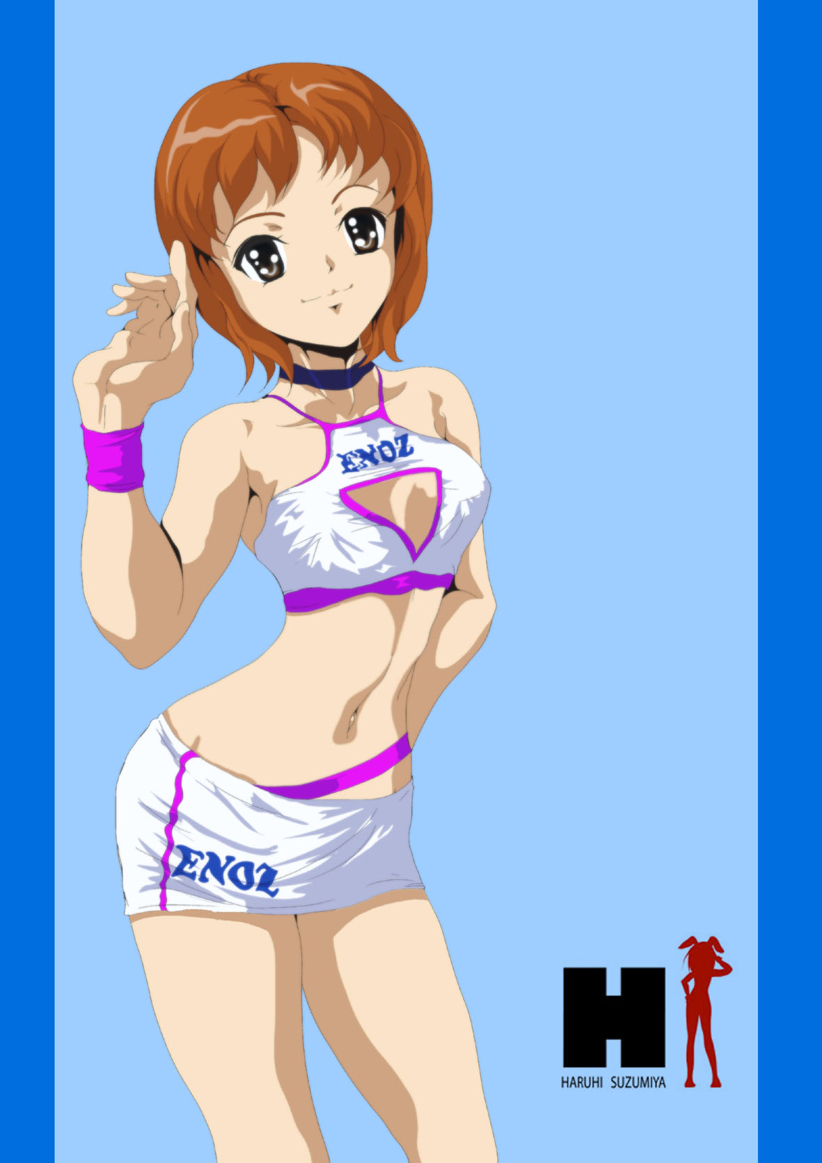 00s 1girl brown_eyes brown_hair choker cleavage_cutout clothing_cutout enoz female_focus h_(letter) highres looking_at_viewer midriff nanashi_noiji non-web_source okajima_mizuki race_queen short_hair solo suzumiya_haruhi_no_yuuutsu