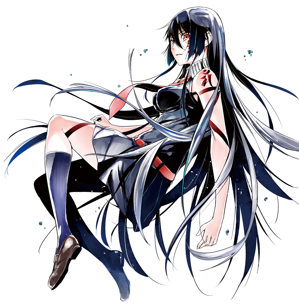 1girl akame_(akame_ga_kill!) akame_ga_kill! belt black_hair hinowa_ga_yuku! long_hair markings miniskirt necktie official_art red_eyes skirt strelka_(hh_strelka) white_background