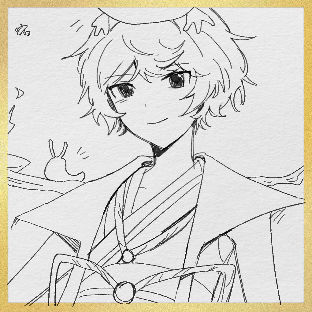 1other 21scorpii androgynous animal animal_on_head azuma_kaisen azuma_kaisen_(frog) bare_arms closed_mouth frog jacket japanese_clothes kesa_kujiru kesa_kujiru_(slug) kimono len&#039;en lineart looking_at_viewer notice_lines ogata_garaiya on_head open_clothes open_jacket other_focus short_hair signature sleeveless sleeveless_kimono slug smile solo traditional_media upper_body waist_ribbon wings