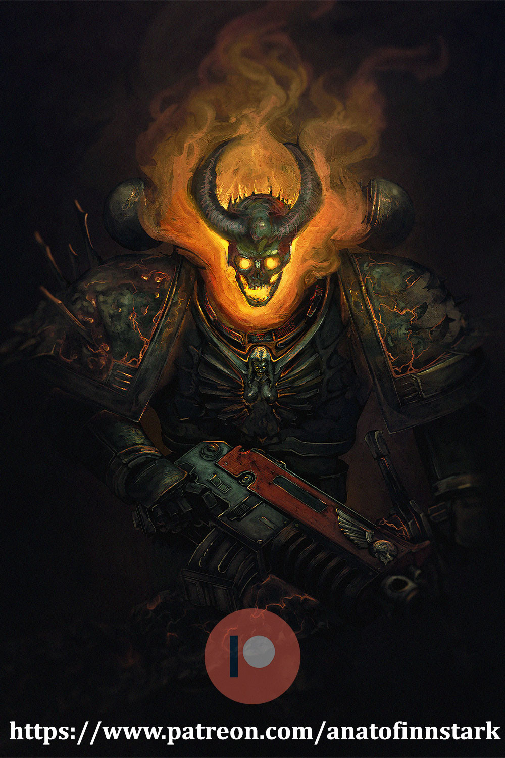 1boy adeptus_astartes anato_finnstark armor bolter chaos_(warhammer) chaos_space_marine demon_horns fire flaming_head flaming_skull gauntlets gun heresy highres holding holding_weapon horns imperium_of_man looking_at_viewer patreon_logo patreon_username pauldrons power_armor shoulder_armor skull solo spiked_armor warhammer_40k watermark weapon web_address