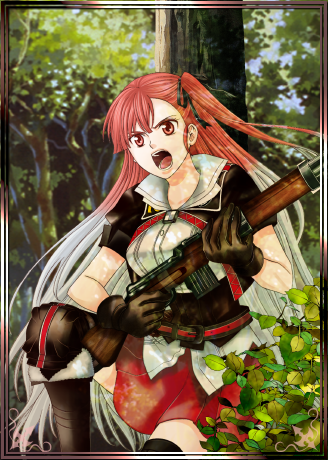 00s 10s 1girl black_gloves black_ribbon black_thighhighs brown_eyes female_focus forest gloves gun hair_ribbon holding holding_gun holding_weapon long_hair lowres military multicolored_hair nature on_one_knee one_side_up open_mouth outdoors pleated_skirt red_hair red_skirt ribbon riela_marcellis rifle senjou_no_valkyria senjou_no_valkyria_(series) senjou_no_valkyria_3 silver_hair skirt solo thighhighs tree tsuge_mizuki two-tone_hair weapon