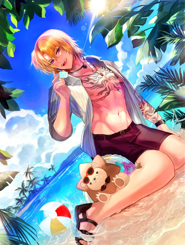 1boy abs ball beach beachball blonde_hair brown_male_swimwear chest_tattoo food grey_shirt gunmetalrose holding holding_food holding_popsicle jewelry luca_kaneshiro male_focus male_swimwear medium_hair muscular muscular_male navel necklace nijisanji nijisanji_en nipples ocean open_clothes open_shirt popsicle purple_eyes shirt solo stomach tattoo teeth upper_teeth_only virtual_youtuber