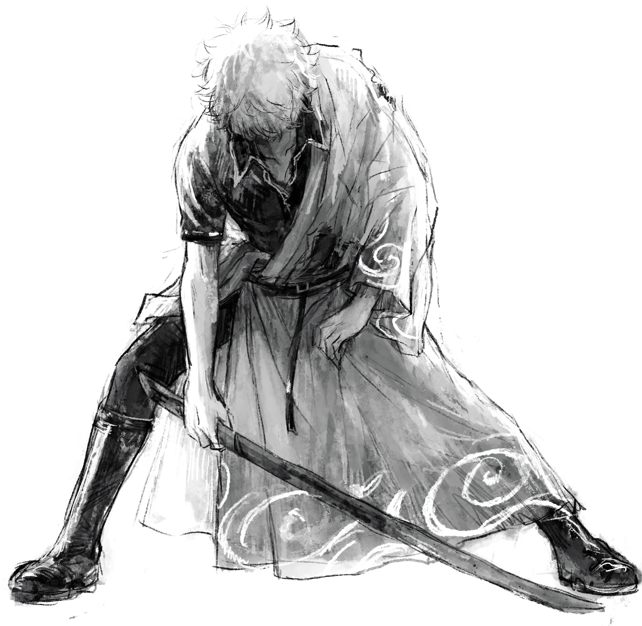 1boy bokken boots collared_shirt full_body gintama greyscale hadanugi_dousa head_down highres holding holding_sword holding_weapon japanese_clothes kimono long_sleeves lushu_kuye male_focus messy_hair monochrome open_clothes open_kimono pants sakata_gintoki shirt short_sleeves solo sword weapon white_background wide_sleeves wooden_sword
