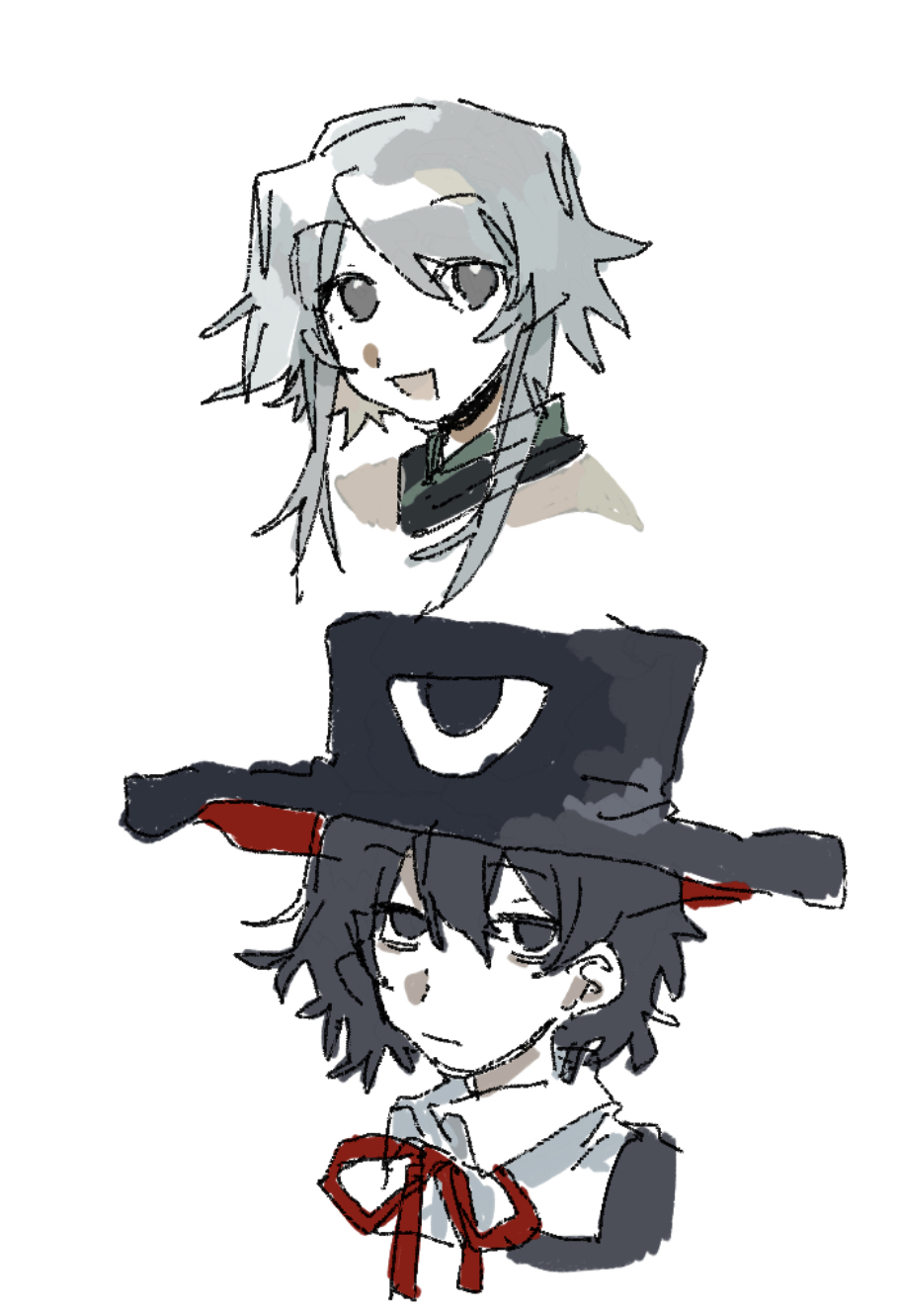 2others aaayamitsu androgynous black_eyes black_hair black_headwear black_kimono chinese_commentary closed_mouth collared_shirt commentary_request enraku_tsubakura grey_eyes grey_hair hat highres houlen_yabusame japanese_clothes kimono len&#039;en multiple_others neck_ribbon other_focus red_ribbon ribbon sanpaku shirt short_hair_with_long_locks simple_background sketch two-sided_fabric two-sided_headwear white_shirt
