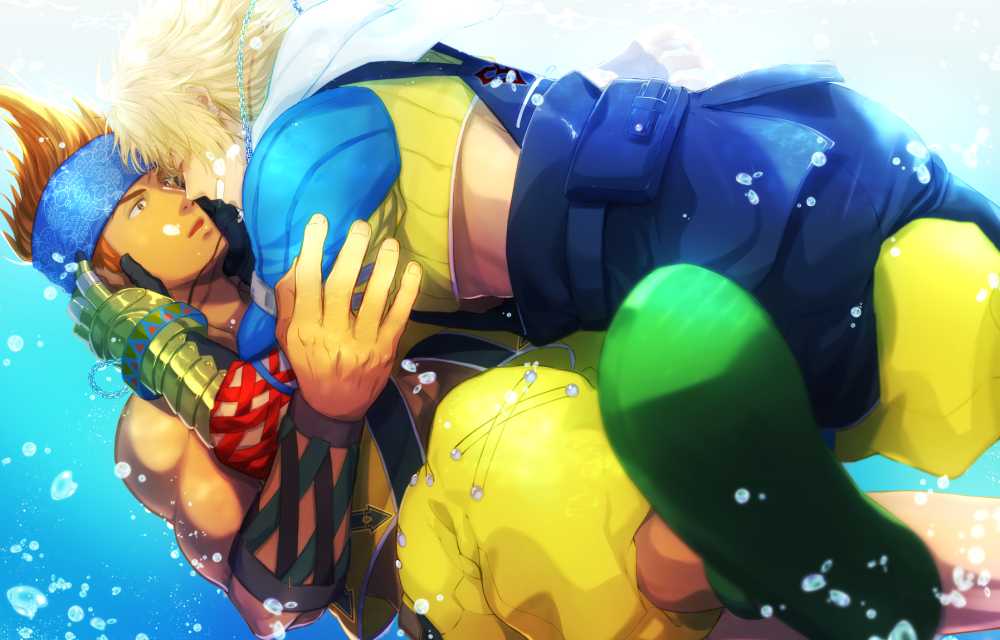 2boys air_bubble armor blonde_hair blue_headband brown_eyes bubble closed_eyes cropped_jacket dark-skinned_male dark_skin detached_sleeves final_fantasy final_fantasy_x gauntlets gloves green_footwear grin hands_on_another&#039;s_face headband hood hood_down hooded_jacket jacket jewelry jumpsuit looking_at_another male_focus multiple_boys muscular muscular_male necklace open_mouth orange_hair pants short_hair smile tamagokake_shio tidus underwater wakka yaoi yellow_pants