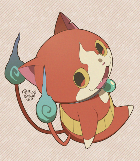 10s artist_name cat dated fang fire flame-tipped_tail haramaki jibanyan looking_back multiple_tails no_humans notched_ear open_mouth sg_(suuchan) simple_background sitting solo tail traditional_youkai twitter_username two_tails youkai_watch