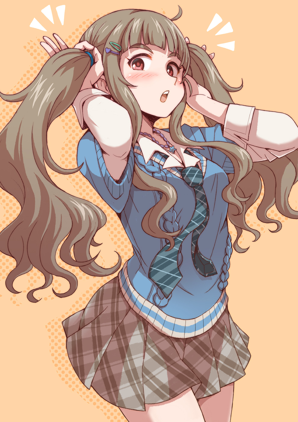 1girl alternate_hairstyle aqua_necktie blue_sweater_vest blunt_bangs blush breasts brown_hair brown_skirt cowboy_shot hair_ornament hair_tie hairclip halftone halftone_background hands_up highres holding holding_own_hair idolmaster idolmaster_cinderella_girls idolmaster_cinderella_girls_starlight_stage jewelry kamiya_nao long_hair long_sleeves looking_at_viewer medium_breasts miniskirt necklace necktie notice_lines open_mouth orange_background plaid_clothes plaid_necktie pleated_skirt polka_dot polka_dot_background red_eyes satomura_kyou school_uniform shirt skirt solo star_(symbol) star_necklace sweater_vest teeth thick_eyebrows twintails upper_teeth_only white_shirt