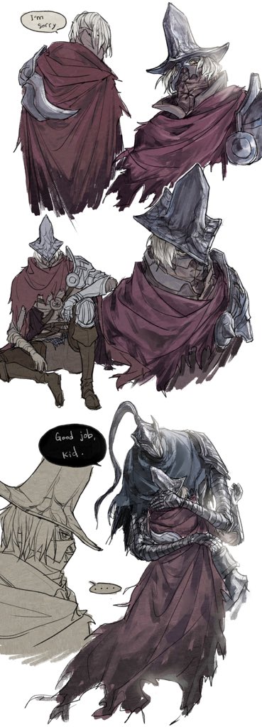 ... 3boys abyss_watcher arm_armor armor artorias_the_abysswalker blonde_hair blue_cape boots brown_boots cape commentary dark_souls_(series) dark_souls_i dark_souls_iii english_text from_behind from_side full_armor full_body grey_pants helmet male_focus multiple_boys pants red_cape shoulder_armor simple_background sitting speech_bubble symbol-only_commentary tworain_w upper_body white_background