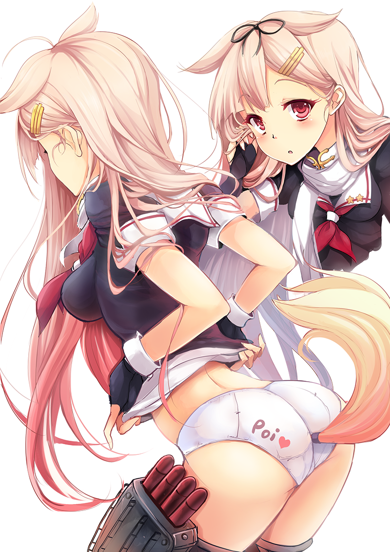 10s 1girl :o ahoge anal_beads anal_tail ass black_gloves black_ribbon black_serafuku blonde_hair blush breasts butt_plug dog_tail fake_tail fingerless_gloves from_behind gloves goushou gradient_hair hair_flaps hair_ornament hair_ribbon hairclip hand_in_own_hair kantai_collection leaning_forward long_hair looking_at_viewer medium_breasts multicolored_hair multiple_views neckerchief no_pants open_mouth panties poi red_eyes ribbon school_uniform serafuku sex_toy simple_background star_(symbol) tail thigh_strap torpedo underwear white_background white_panties yuudachi_(kancolle)