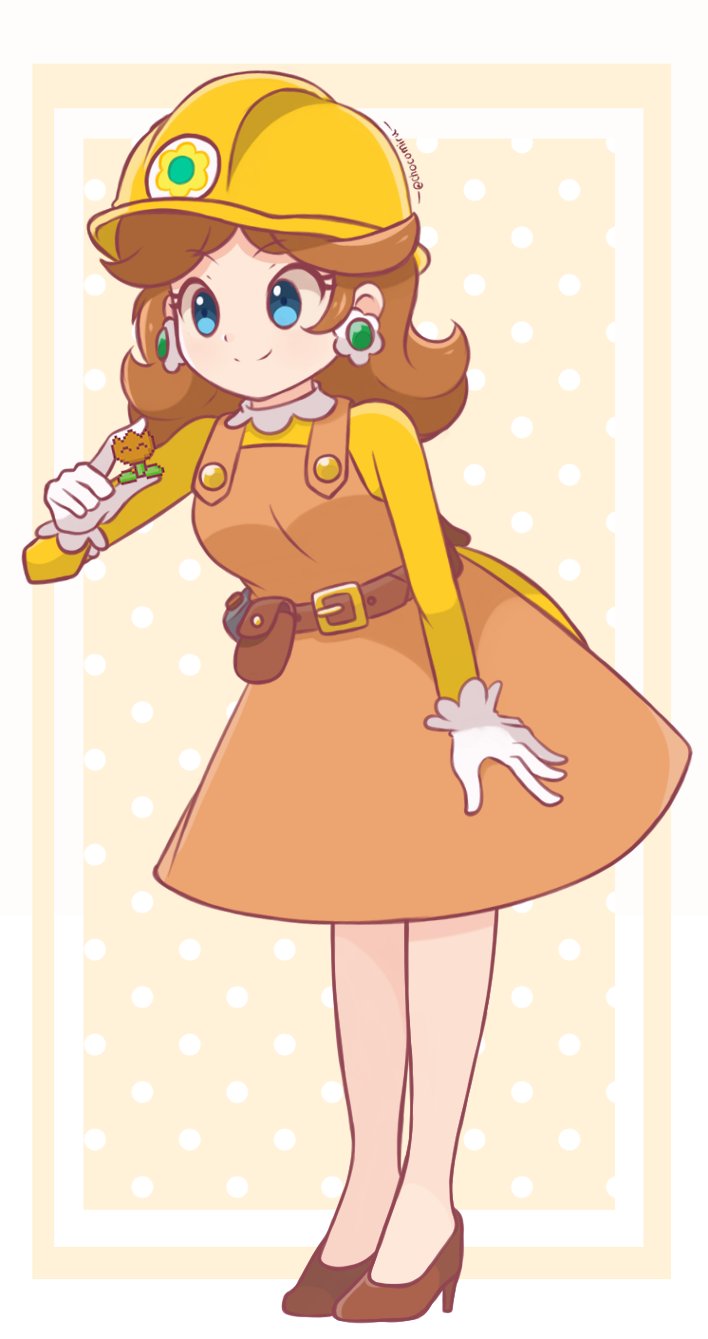 1girl alternate_costume bare_legs belt belt_bag belt_buckle blue_eyes border brown_bag brown_belt brown_footwear brown_hair buckle chocomiru collared_shirt commentary dress earrings english_commentary eyelashes fire_flower flower flower_earrings frilled_gloves frills gloves hammer hard_hat helmet high_heels highres holding holding_flower jewelry long_hair long_sleeves mario_(series) nintendo orange_background orange_dress outside_border overall_dress polka_dot polka_dot_background princess_daisy shirt short_dress signature simple_background solo standing super_mario_maker white_border white_gloves yellow_helmet yellow_shirt