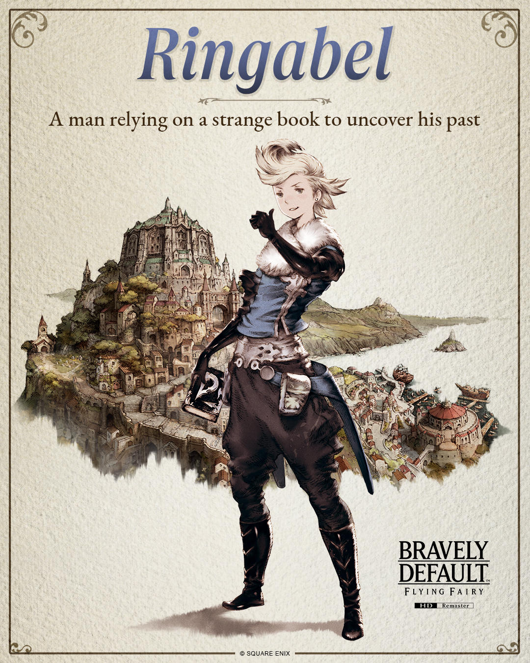 1boy belt black_gloves blonde_hair blue_shirt book boots bravely_default:_flying_fairy bravely_default_(series) city elbow_gloves english_text fur_collar gloves highres holding holding_book knee_boots official_art ringabel shirt short_hair simple_background square_enix thumb_to_chin town tree utility_belt