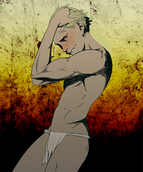 1boy abs arm_up bare_shoulders biceps blonde_hair commentary fundoshi grin groin hair_slicked_back hand_in_own_hair hip_bones japanese_clothes looking_to_the_side male_focus persona persona_4 ponta_(aka_7280) profile scar scar_on_face scar_on_forehead shadow_kanji sideways_glance smile solo tatsumi_kanji teeth topless_male yellow_eyes
