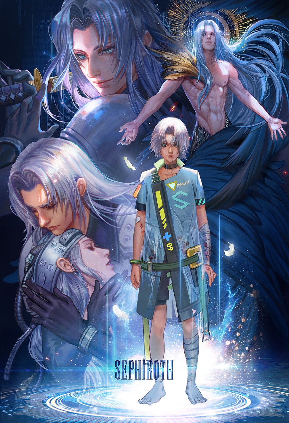 4boys abs aged_down armor bandaged_arm bandaged_leg bandages barefoot belt black_gloves black_jacket black_wings blue_eyes closed_eyes fan_yang_(jiuge) final_fantasy final_fantasy_vii full_body gloves halo head_grab highres holding holding_sword holding_weapon jacket long_hair masamune_(ff7) multiple_boys outstretched_arms parted_bangs sephiroth sephiroth_(ever_crisis) short_hair shoulder_armor silver_hair single_wing square_enix sword topless_male upper_body weapon wings