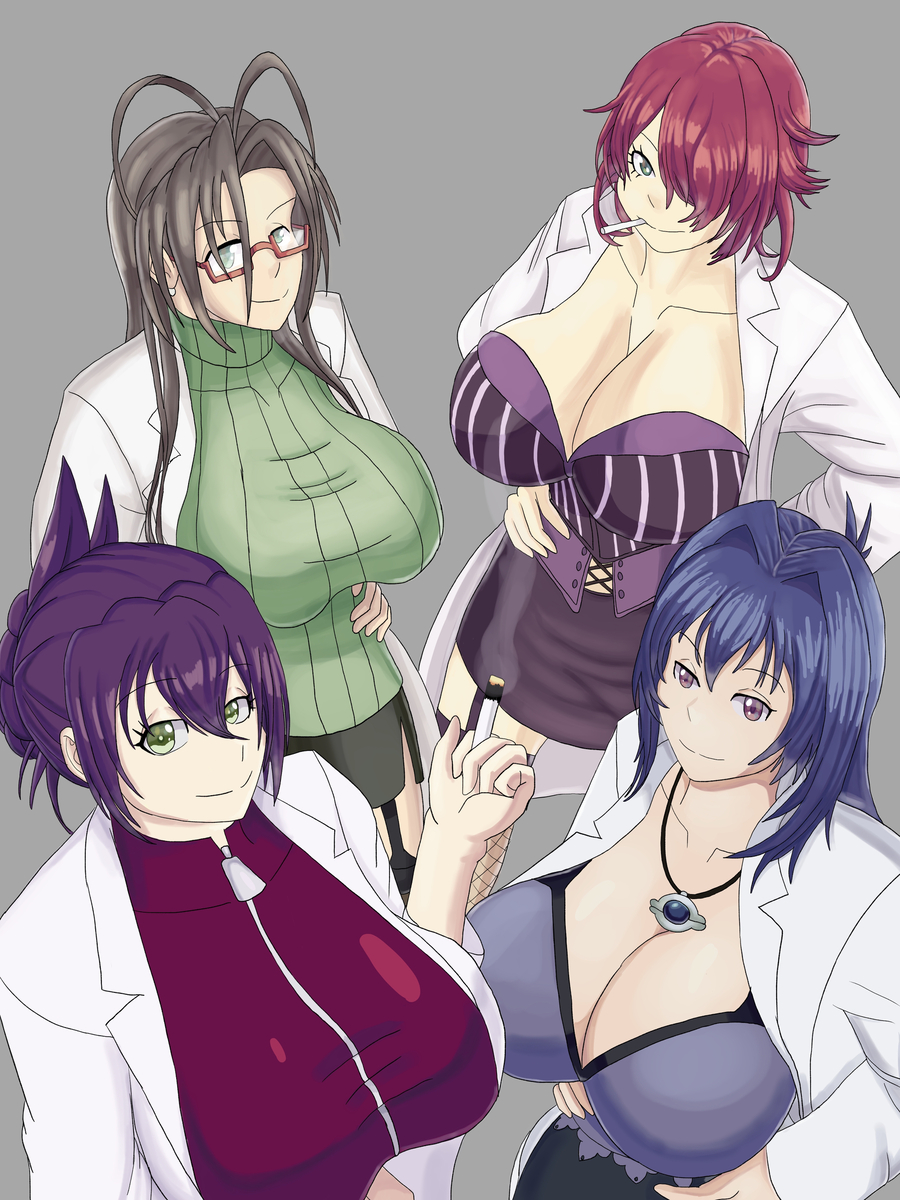 4girls black_skirt black_thighhighs blue_eyes blue_hair blush breasts cleavage closed_mouth coat curvy female_focus fishnet_legwear fishnets garter_straps glasses green_eyes hair_over_one_eye hand_on_own_hip hands_on_own_hips hasegawa_chisato high_heels highres huge_breasts kono_yo_no_hate_de_koi_wo_utau_shoujo_yu-no lab_coat large_breasts legs legs_apart long_hair looking_at_viewer maken-ki! mature_female miniskirt mole monstersketch multiple_girls nijou_aki nurse oikawa_urada purple_hair purple_shirt red_hair seikon_no_qwaser shinmai_maou_no_testament shirt short_hair simple_background skirt smile standing stitched striped_clothes striped_shirt sweater tagme takeda_eriko thick_thighs thighhighs thighs third-party_edit trait_connection white_coat wide_hips zettai_ryouiki zipper