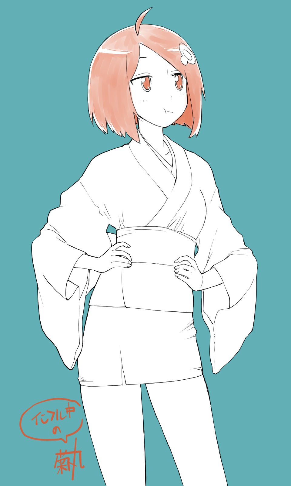 1girl :t ahoge annoyed aqua_background araragi_tsukihi artist_name blush bob_cut breasts commentary cowboy_shot egg_hair_ornament food-themed_hair_ornament fried_egg furisode_sleeves hair_ornament hands_on_own_hips highres japanese_clothes kikumaru_bunta kimono looking_afar looking_to_the_side monogatari_(series) obi partially_colored pout sash short_hair short_kimono signature simple_background small_breasts solo speech_bubble standing swept_bangs translated wide_sleeves