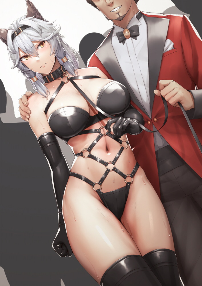 1boy 1girl animal_ears bang_(gesture) bare_shoulders beard black_collar black_gloves black_thighhighs blush bondage_outfit breasts brown_eyes closed_mouth coat collar cowboy_shot elbow_gloves erune facial_hair finger_gun formal_clothes gloves granblue_fantasy hair_ornament hand_on_another&#039;s_shoulder heles kageshio_(276006) large_breasts leash long_hair long_sleeves looking_at_another navel o-ring parted_lips red_coat silver_hair smile solo_focus suit sweat thighhighs thighs