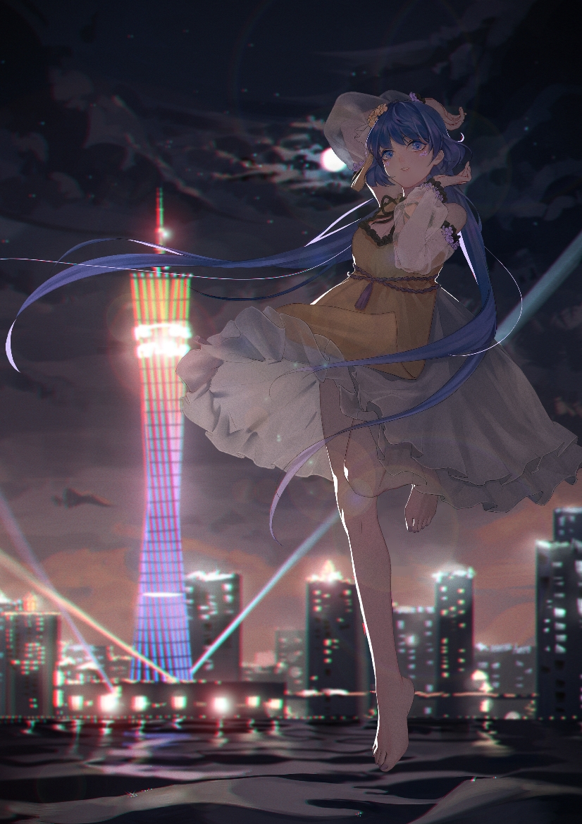 1girl armpit_peek arms_up bare_shoulders barefoot blouse blue_eyes blue_hair blurry blurry_background canton_tower chromatic_aberration cityscape cloud commentary_request depth_of_field detached_sleeves female_focus floating flower full_moon guangzhou hair_flower hair_ornament houraisan_chouko leg_lift looking_at_viewer moon night outdoors searchlight see-through_clothes see-through_sleeves shirt short_hair_with_long_locks sidelocks skirt solo star_(sky) touhou tsukumo_benben water white_skirt yellow_shirt