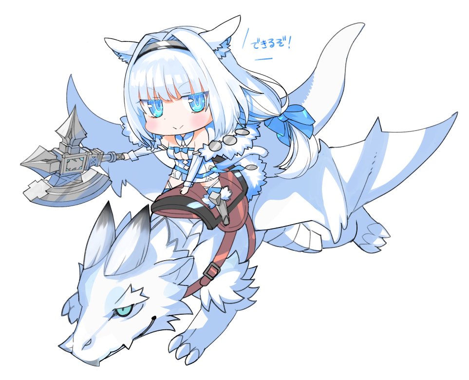 1girl animal_ear_fluff animal_ears armored_boots axe bare_shoulders blue_bow blue_eyes blue_ribbon blue_thighhighs blush boots bow breasts cat_ears cat_girl cat_tail chibi cleavage detached_collar detached_sleeves dobrynya_nikitich_(fate) dobrynya_nikitich_(second_ascension)_(fate) dragon dress fate/grand_order fate_(series) fur_trim hair_bow hairband knee_boots large_breasts long_hair looking_at_viewer low_ponytail ponytail ribbon riding robina short_dress tail thighhighs white_dress white_hair