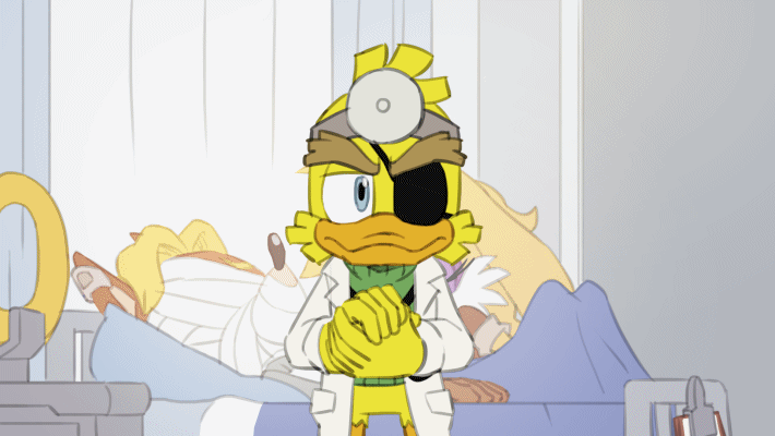 1girl 2boys animated animated_gif antoine_d&#039;coolette bandage_on_face bandages bed blue_eyes bunnie_rabbot dab_(dance) doctor doctor_quack_(sonic) eyepatch hospital_bed joeadok lab_coat multiple_boys ring_(sonic) sonic_(series) sonic_the_hedgehog_(archie_comics)