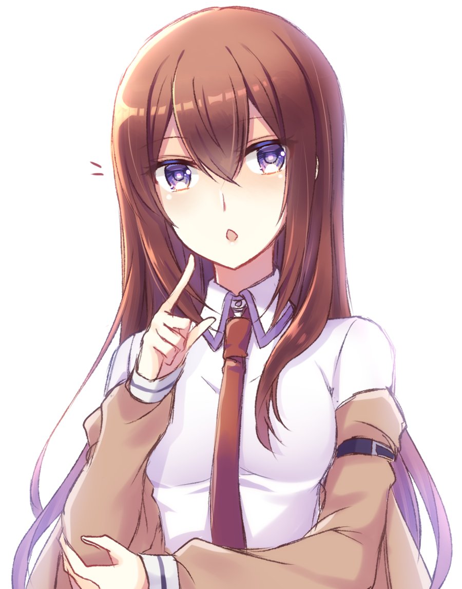 1girl blue_eyes breasts brown_hair collared_shirt hair_between_eyes index_finger_raised long_hair long_sleeves looking_at_viewer makise_kurisu nishijou_myu open_mouth shirt simple_background sketch small_breasts solo steins;gate straight_hair upper_body very_long_hair white_background white_shirt wing_collar