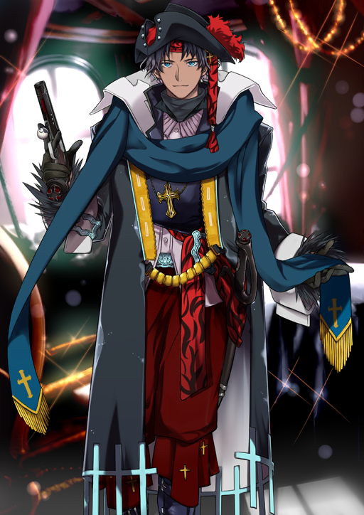 1boy antique_firearm azuazuazu19 bartholomew_roberts_(fate) black_boots black_coat black_gloves black_hair black_hat black_vest blue_eyes boots buttons chain chain_bracelet coat cross cross_necklace dark-skinned_male dark_skin fate/grand_order fate_(series) feet_out_of_frame firearm fur-trimmed_sleeves fur_trim game_cg gloves gun half_gloves hand_on_own_hip hands_up hat headband holding holding_gun holding_weapon jewelry latin_cross long_sleeves looking_at_viewer male_focus necklace official_art open_clothes open_coat pants pink_shirt red_headband red_pants red_sash sash sheath sheathed shirt short_hair silver_belt smile solo sparkle standing sword third-party_source variant_set vest weapon