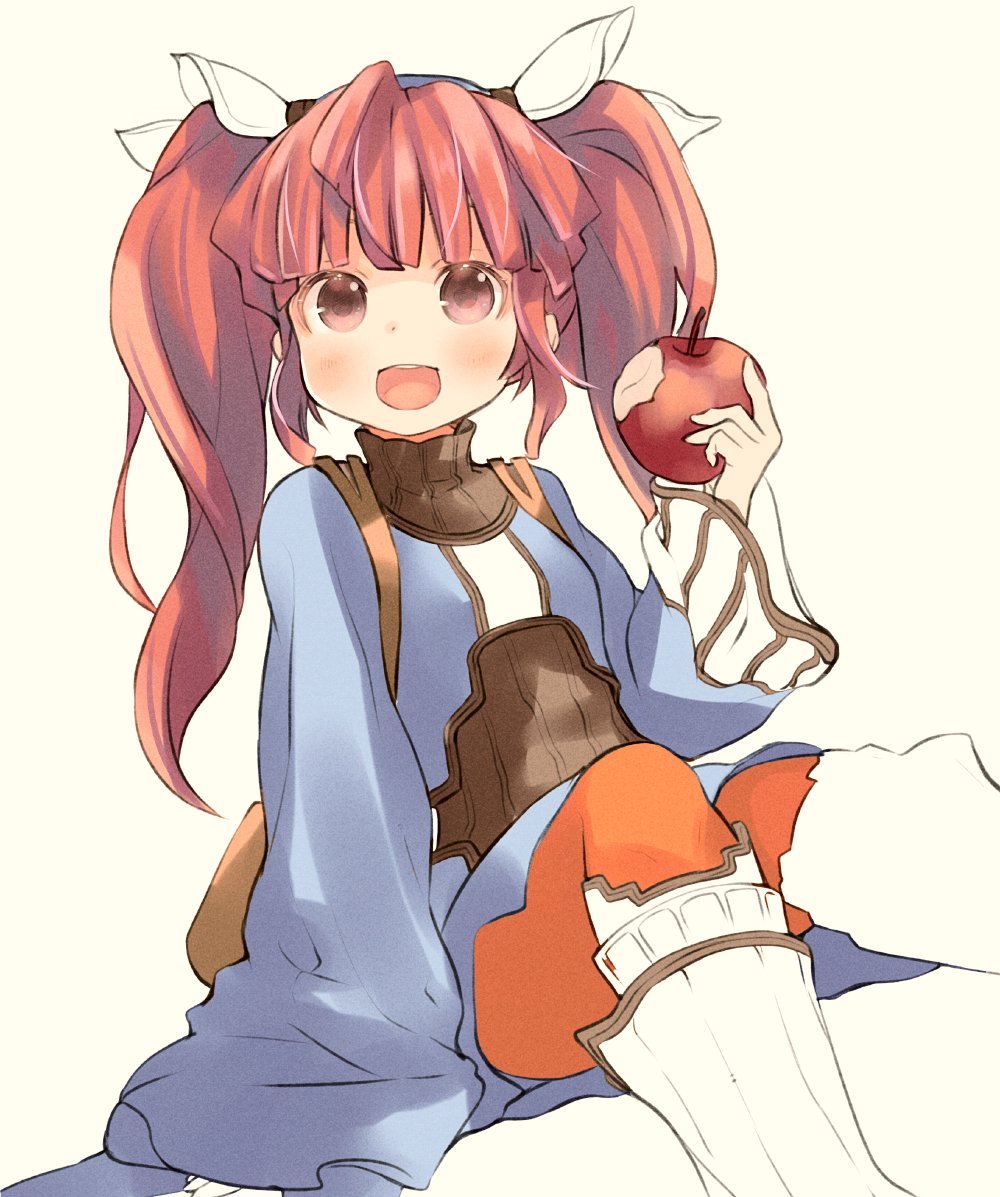 1girl :d apple black_undershirt blue_shirt blunt_bangs blush crop_top dewprism feet_out_of_frame food food_bite fruit holding holding_food holding_fruit invisible_chair kuga_tsukasa long_hair looking_at_viewer mint_(dewprism) open_mouth orange_pantyhose pantyhose pink_eyes pink_hair shirt sidelocks sitting sleeves_past_wrists smile solo teeth turtleneck twintails upper_teeth_only white_background wide_sleeves