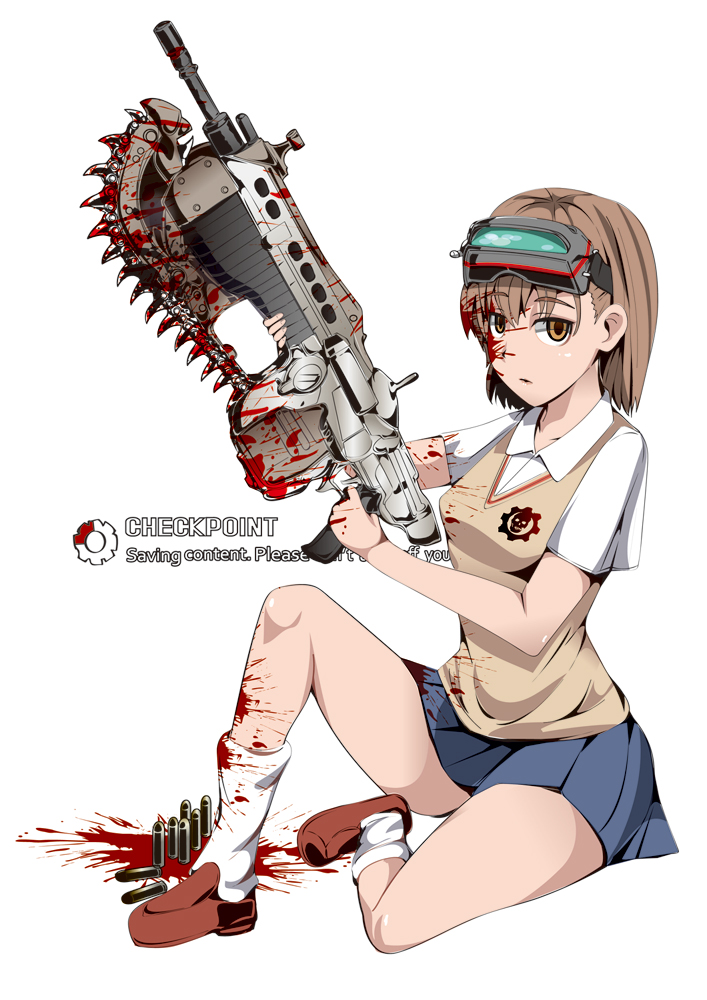 1girl bad_id bad_pixiv_id blood blood_on_face borrowed_weapon brown_eyes brown_hair cartridge chainsaw crossover empty_eyes female_focus full_body gameplay_mechanics gears gears_of_war gun head-mounted_display lancer_(gears_of_war) left-handed loafers looking_at_viewer miniskirt misaka_imouto miyamoto_issa parody pleated_skirt school_uniform shoes short_hair simple_background sitting skirt skull socks solo toaru_majutsu_no_index vest weapon white_background white_socks