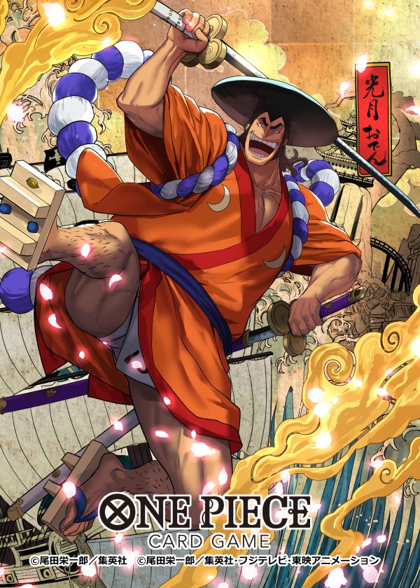 1boy adachi_yousuke black_hair castle colored_smoke commentary_request copyright_name geta holding holding_sword holding_weapon japanese_clothes kimono kouzuki_oden leg_hair looking_at_viewer male_focus moby_dick_(one_piece) official_art one_piece one_piece_card_game open_mouth orange_kimono petals sideburns smile smoke solo sword weapon