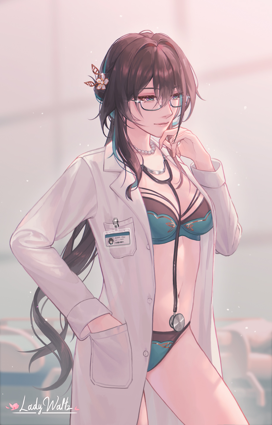 1girl adapted_costume alternate_costume artist_name bikini black_hair breasts cowboy_shot green_bikini green_eyes hand_in_pocket highres honkai:_star_rail honkai_(series) id_card jewelry lab_coat ladywaltz long_sleeves medium_breasts navel necklace pearl_necklace ruan_mei_(honkai:_star_rail) semi-rimless_eyewear solo stethoscope swimsuit