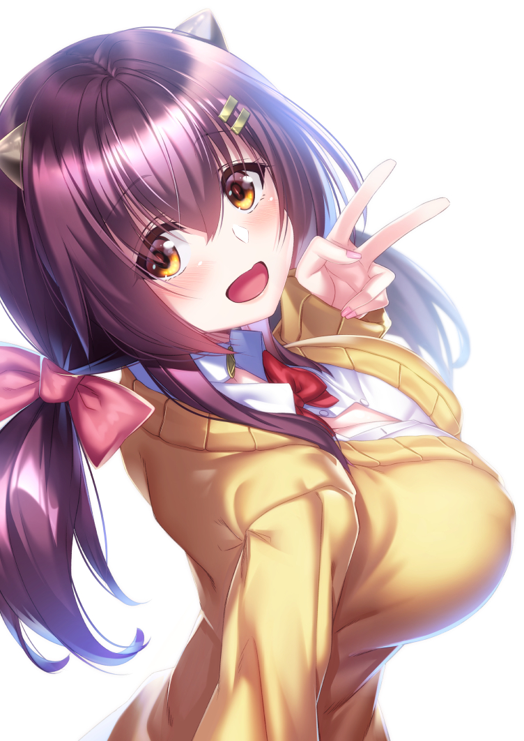 1girl :d asane_ken azur_lane blurry blurry_background bow bowtie breasts choker cleavage collared_shirt hair_between_eyes hair_ornament hairclip hand_up horns large_breasts long_sleeves looking_at_viewer nagara_(azur_lane) nail_polish nipples no_bra official_alternate_costume open_clothes open_mouth open_shirt red_bow red_bowtie red_eyes shirt short_twintails simple_background smile solo sweater twintails upper_body v white_background white_choker yellow_eyes yellow_sweater